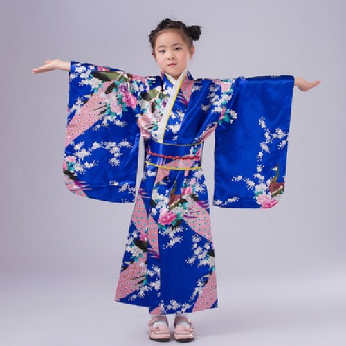 Children Peacock Yukata Clothing Girl Japanese Kimono Dress Kids Yukata Haori Costume Traditional Japones Kimono Costume Child